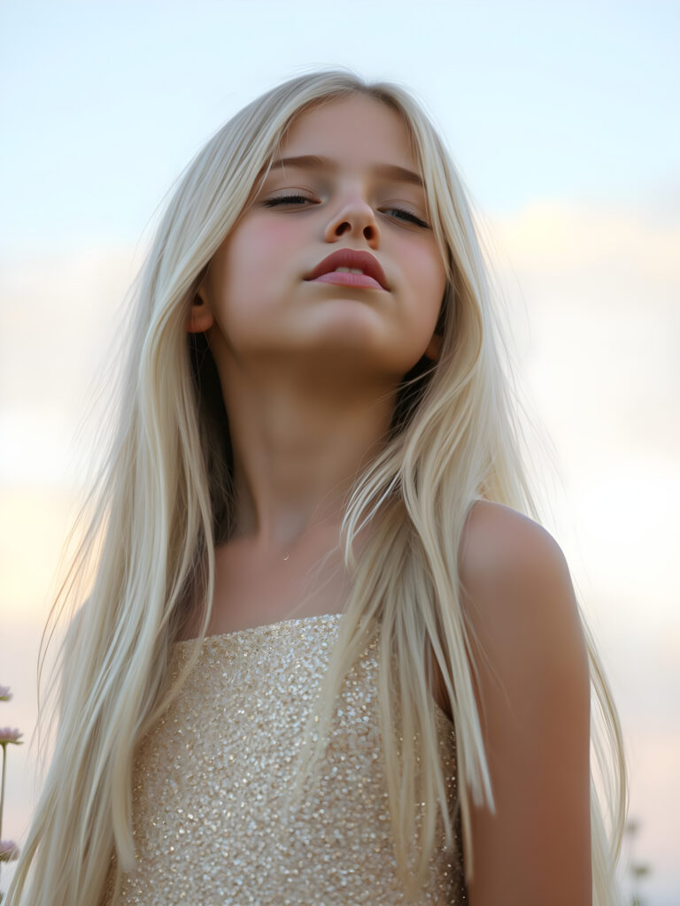 A young girl with long, flowing platinum blonde hair, her eyes closed in anticipation, a round face with full, kissable lips slightly parted, revealing her white teeth, stands against a soft gradient of light blue and lilac. Her head is tilted slightly upwards, wearing a delicate, shimmering gold dress that sparkles under the warm, golden hour light filtering through the serene clouds above. The scene is dreamy, with soft, pastel-colored flowers gently swaying in the breeze around her, creating a romantic and whimsical atmosphere.