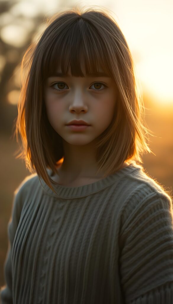 A young girl with chestnut-brown straight long hair and blond highlights in a perfect shoulder-length bob cut, bangs, warm tan skin stands in a twilight meadow, wearing a fine sweater made of wool. Her eyes are dark and gentle, and her expression is calm and loyal. The background features soft, glowing dust and blurred trees, creating a cozy, atmospheric setting. The image is rendered in a semi-realistic fantasy illustration style, with a focus on warm brown tones and a subtle, enchanting glow. Golden sunset.