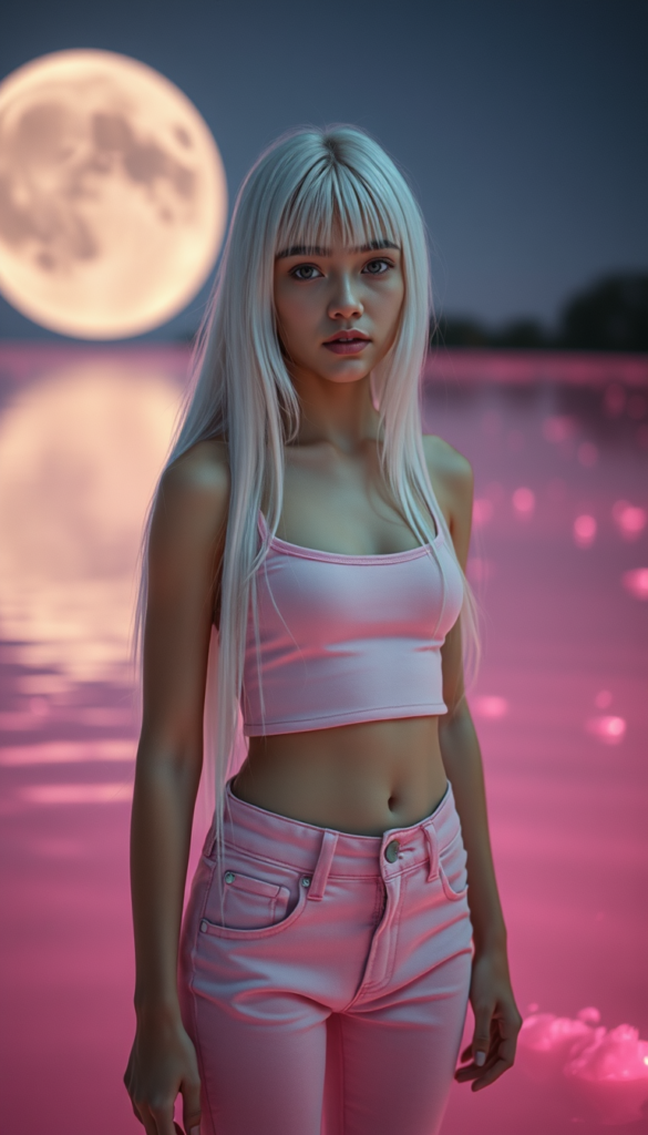 A young girl with long, straight full open white hair reach to her hip; she wears a pink thin plain cropped tank top that perfectly accentuates her perfectly feminine figure and pink jeans pants; she stands in a fantastical, unrealistic, glowing pink lake that reflects the moonlight. She has flawless skin. Beautiful. Fantastic.
