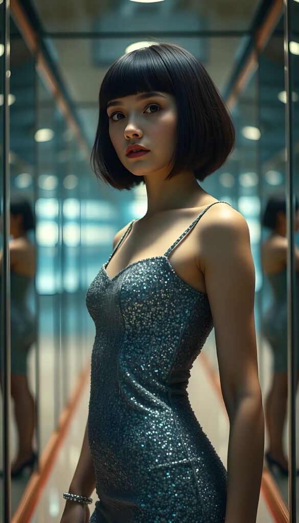 A young girl with a bob hairstyle, wearing a tight, glittering dress, stands in a hall of mirrors.