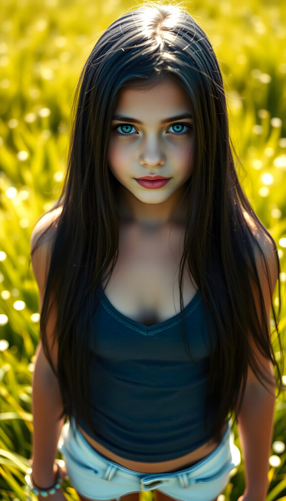 A young girl with long, straight, dark blue obsidian hair stands in a sunlit meadow, her shiny dark blue eyes sparkling under the bright sun. She wears a tight, form-fitting short tank top with a deep v-neck, revealing a bit of her chest. The scene is viewed from above, showcasing her full body and the vibrant green grass beneath her feet. The lighting casts gentle shadows, creating a serene and cheerful atmosphere.