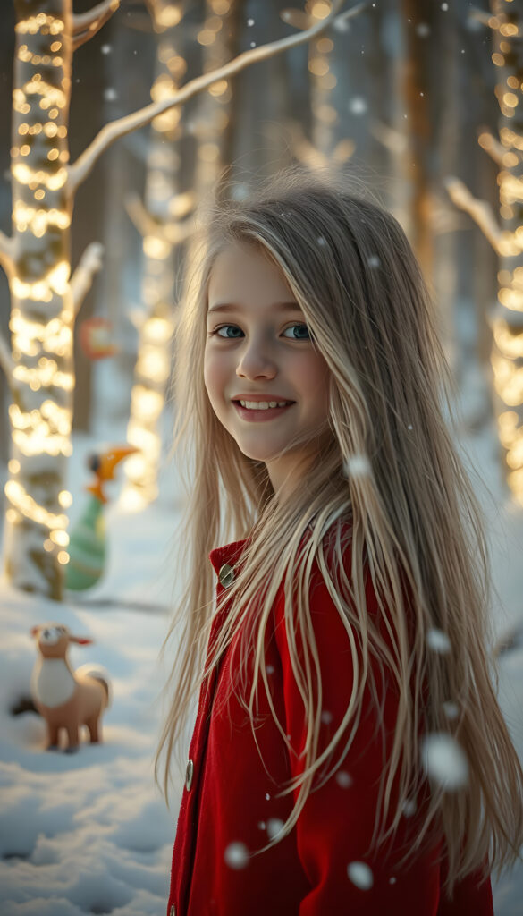 A young girl with long, flowing silver hair, wearing a vibrant red winter coat, stands in a magical winter forest. Snowflakes gently fall around her, creating a serene, enchanting atmosphere. She has rosy cheeks and a joyful smile, revealing her bright white teeth. Her hair dances in the crisp winter breeze. The forest is covered in pristine snow, with whimsical, glowing trees that emit a soft, ethereal light. Colorful, cartoonish animals peek from behind the trees, adding a touch of whimsy and wonder to the scene.