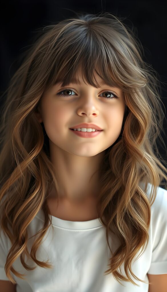 A young girl with long, wavy hazelnut brown hair. She is waiting for a kiss. Cute. White t-shirt. Full plump kissable lips, white teeth. Flawless skin. Black backdrop.