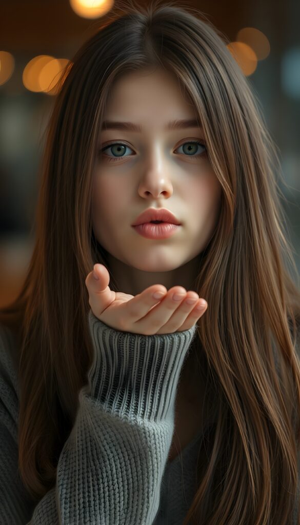 A young girl with long, straight hazelnut brown hair blows a kiss to the camera. Her lips are round. 35 mm. She wears a fine wool sweater.