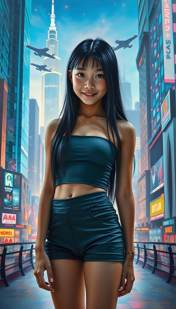 A young girl with long, straight black hair cascading down her back, standing confidently in a futuristic, neon-lit cityscape. She wears a sleek, form-fitting crop top and high-waisted shorts, her posture exuding elegance and playfulness. Her eyes sparkle with determination as she looks directly at the viewer, her smile radiant. The background features a vibrant, holographic skyline with towering skyscrapers and flying vehicles, illuminated by an array of colorful lights. The scene is dynamic, with a subtle glow emanating from the ground, adding a sense of motion and energy to the image. Front view.
