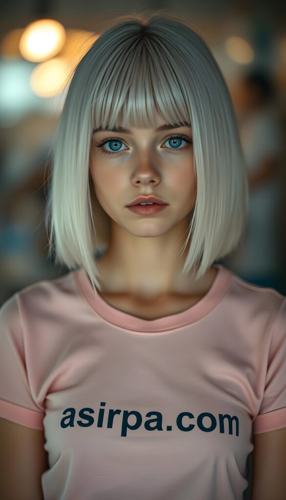 A young girl with shoulder long, straight white hair, bob cut, deep blue eyes, and full lips. She wears a tight, (light pink T-shirt with the inscription ""asirpa.com""), the T-shirt accentuates her perfect, feminine figure.