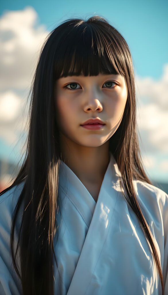 A young girl with long, straight, shiny black hair and bangs stands in a traditional white and light blue Ainu dress. Her delicate, pale skin and distinctive light blue eyes are meticulously detailed, with a serene and natural expression. Her full lips are painted a soft pink. The image is vibrant, featuring a bright blue sky with fluffy white clouds, contrasting beautifully with the intricate patterns of her dress. The composition highlights the cultural richness and natural beauty, with warm sunlight casting a gentle glow on her face and dress.