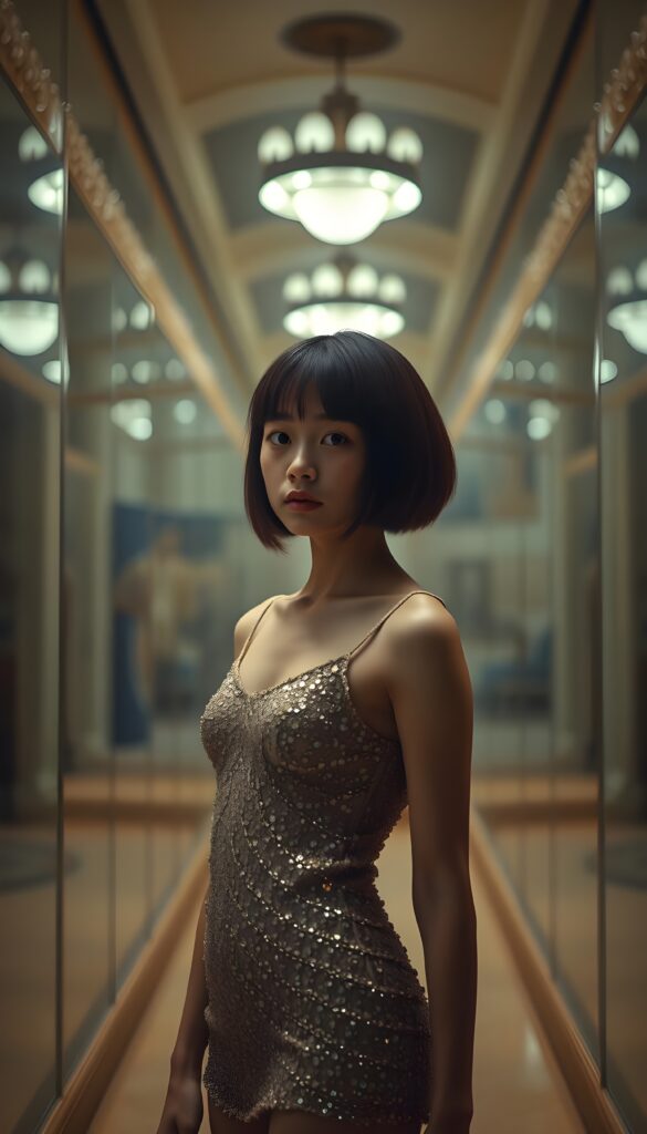 A young girl with a bob hairstyle, wearing a tight, glittering dress, stands in a hall of mirrors.