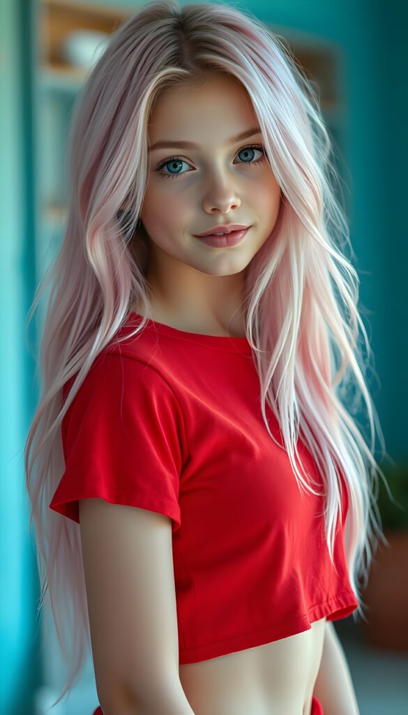 A young girl with porcelain skin and bright blue eyes, her lips full and lips with white teeth, a symmetrical face. She has long, soft neon pink hair that cascades down her shoulders like a waterfall of candyfloss. She wears a red t-shirt.