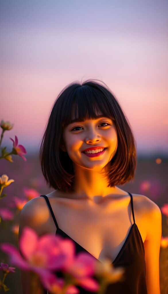 A young girl with dark, shoulder-length hair styled in a sleek bob cut, wearing a black spaghetti strap top with a deep neckline, stands confidently against a backdrop of soft, ethereal twilight. Her playful smile radiates joy, and she strikes a pose that exudes a mix of confidence and elegance. The scene is set in a surreal, dreamy landscape where vibrant, neon flowers bloom around her. The lighting is warm and golden, casting a gentle glow that highlights her features and gives the entire composition a whimsical, almost magical atmosphere. The background is a blend of soft purples and blues, with delicate, glowing particles floating around her, adding to the enchanting and ethereal feel of the image.