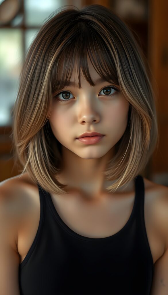 A young girl with a flawless face, looking directly into the camera. She has brown, straight, voluminous, and full hair with light highlights. Her hair is in a perfect shoulder-length bob cut. Her beautiful dark eyes radiate a sense of calm and contentment. She has plump, full, natural lips and a small nose. Well-defined dark eyebrows. The photo captures her round face in a warm tone. She’s wearing a black tight-fitting thin spanned tank top that accentuates her wonderful, feminine figure.