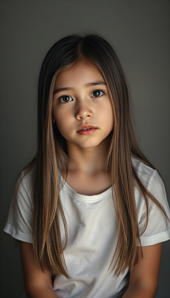 A young girl with long, straight, silky hair sits in a softly lit studio, her innocence radiating in her wide, curious eyes. She is dressed in a white thin T-Shirt. The background is a gradient of soft greys and muted tones, giving a timeless feel. Her posture is relaxed yet poised, her hands gently resting on her lap. The lighting is soft and warm, casting gentle shadows that enhance her delicate features. The atmosphere is serene and contemplative, with a hint of dreaminess.