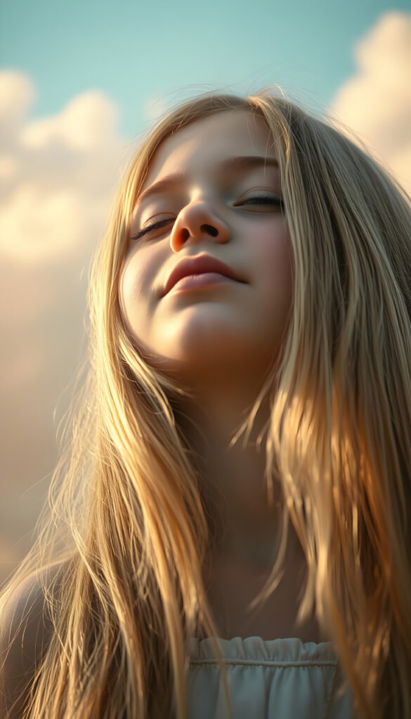 A young girl with long, flowing golden hair cascades over her shoulders, her eyes closed in anticipation, lips slightly parted in a soft pout. She stands against a backdrop of swirling pastel hues, with sunlight filtering through soft clouds, casting a dreamy, ethereal glow. Her face is round and delicate, with full lips and a hint of a smile, her white teeth gleaming in the light. She lifts her head slightly, her expression serene and hopeful, as if awaiting a gentle breeze or a tender embrace. The scene is bathed in a warm, golden light, with soft, fluffy clouds in the sky, creating a magical and enchanting atmosphere.