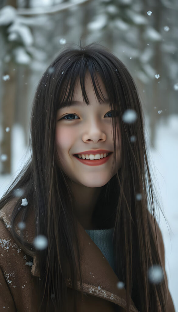 A young girl with long, straight, shiny black hair wears a thick brown winter coat. Snow is falling. A white, snow-covered winter forest. She has red cheeks, red lips, and is smiling, white teeth. Her hair blows gently in the wind.