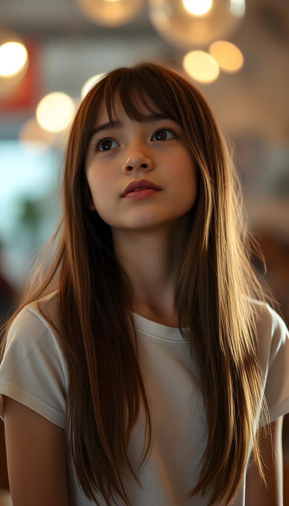 A young girl with long, straight hazelnut brown hair. She is waiting for a kiss. Cute. White t-shirt.