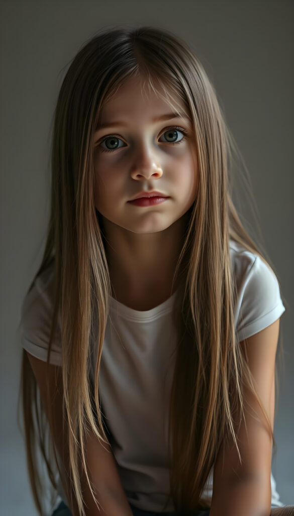 A young girl with long, straight, silky hair sits in a softly lit studio, her innocence radiating in her wide, curious eyes. She is dressed in a white thin T-Shirt. The background is a gradient of soft greys and muted tones, giving a timeless feel. Her posture is relaxed yet poised, her hands gently resting on her lap. The lighting is soft and warm, casting gentle shadows that enhance her delicate features. The atmosphere is serene and contemplative, with a hint of dreaminess.