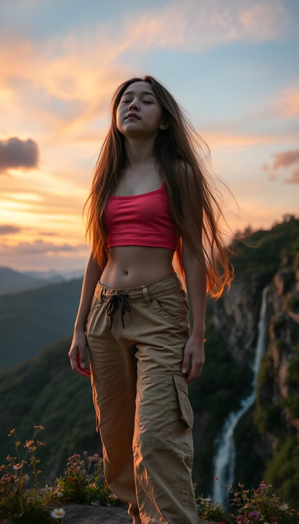 A young girl with long, flowing hair stands triumphantly on a mountain peak, her eyes closed in serene contemplation. She wears a vibrant, cropped tank top and cargo pants, blending harmoniously with the vivid hues of the sunset. The sky is painted with streaks of orange and pink, while fluffy clouds drift lazily by. The mountainside is alive with lush greenery and wildflowers, and a waterfall cascades down the cliff, reflecting the soft, golden light. A gentle breeze rustles the leaves, adding to the peaceful ambiance.