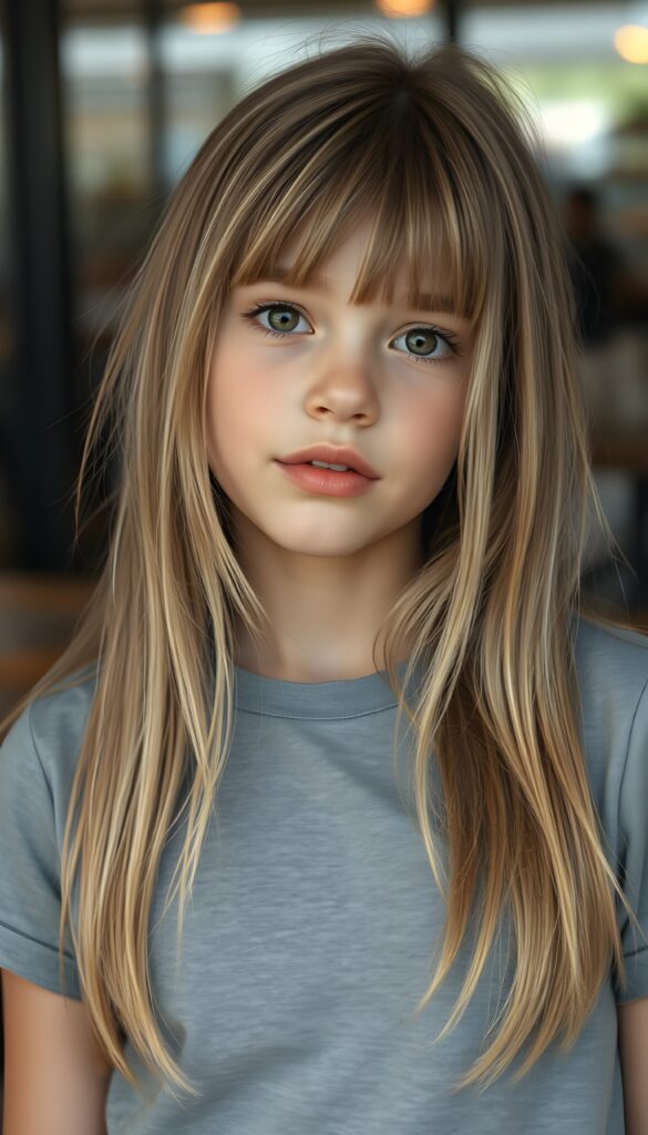 A young girl with straight golden blonde hair and light brown highlights, her hair falling gently over her upper body, bangs cut frame her round face. She tilts her head slightly. She has dark, round, large eyes and a pouty mouth. She wears a grey checkered T-shirt that accentuates her wonderful, feminine body. She has a round face, beautiful full lips, her mouth slightly open, and white teeth.