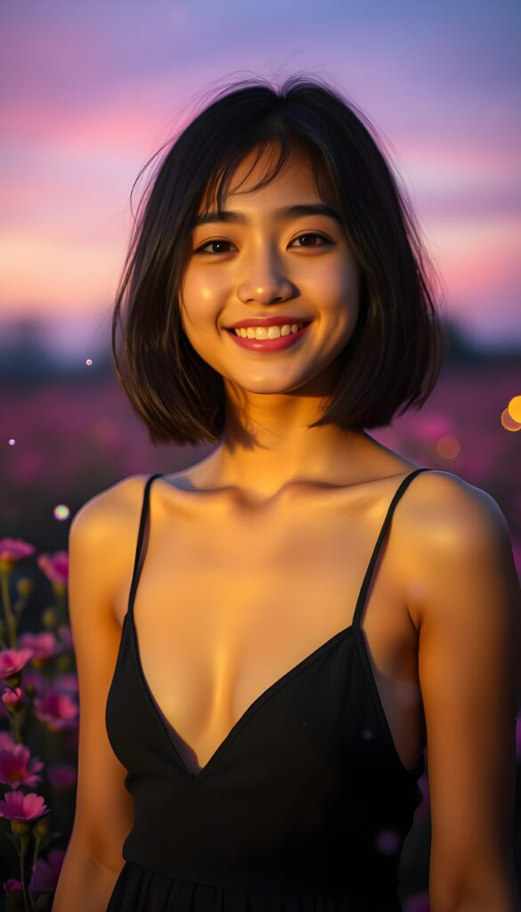 A young girl with dark, shoulder-length hair styled in a sleek bob cut, wearing a black spaghetti strap top with a deep neckline, stands confidently against a backdrop of soft, ethereal twilight. Her playful smile radiates joy, and she strikes a pose that exudes a mix of confidence and elegance. The scene is set in a surreal, dreamy landscape where vibrant, neon flowers bloom around her. The lighting is warm and golden, casting a gentle glow that highlights her features and gives the entire composition a whimsical, almost magical atmosphere. The background is a blend of soft purples and blues, with delicate, glowing particles floating around her, adding to the enchanting and ethereal feel of the image.