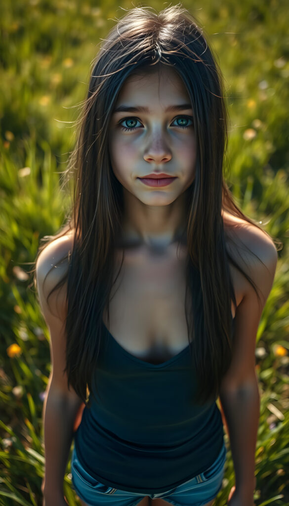 A young girl with long, straight, dark blue obsidian hair stands in a sunlit meadow, her shiny dark blue eyes sparkling under the bright sun. She wears a tight, form-fitting short tank top with a deep v-neck, revealing a bit of her chest. The scene is viewed from above, showcasing her full body and the vibrant green grass beneath her feet. The lighting casts gentle shadows, creating a serene and cheerful atmosphere, Photograph Portrait Close-up Sharp focus 35mm
