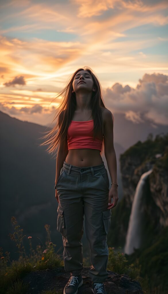 A young girl with long, flowing hair stands triumphantly on a mountain peak, her eyes closed in serene contemplation. She wears a vibrant, cropped tank top and cargo pants, blending harmoniously with the vivid hues of the sunset. The sky is painted with streaks of orange and pink, while fluffy clouds drift lazily by. The mountainside is alive with lush greenery and wildflowers, and a waterfall cascades down the cliff, reflecting the soft, golden light. A gentle breeze rustles the leaves, adding to the peaceful ambiance.