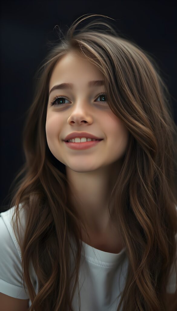 A young girl with long, wavy hazelnut brown hair. She is waiting for a kiss. Cute. White t-shirt. Full plump kissable lips, white teeth. Flawless skin. Black backdrop.