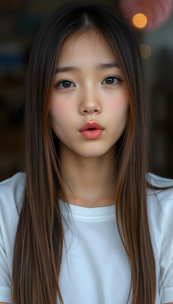 A young girl with long, straight hazelnut brown hair blows a kiss to the camera. Her lips are round. Cute. White t-shirt.