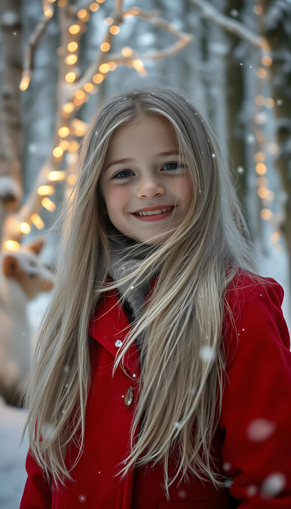 A young girl with long, flowing silver hair, wearing a vibrant red winter coat, stands in a magical winter forest. Snowflakes gently fall around her, creating a serene, enchanting atmosphere. She has rosy cheeks and a joyful smile, revealing her bright white teeth. Her hair dances in the crisp winter breeze. The forest is covered in pristine snow, with whimsical, glowing trees that emit a soft, ethereal light. Colorful, cartoonish animals peek from behind the trees, adding a touch of whimsy and wonder to the scene.