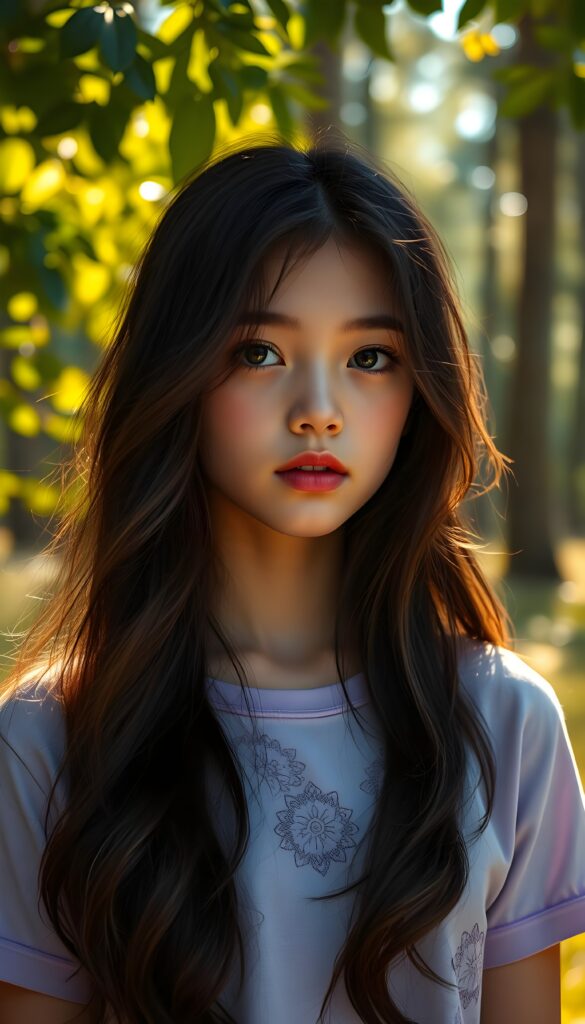 A young girl with long, wavy black hair that cascades down her back in the same length left and right, her deep blue eyes sparkling like sapphires under a soft, golden sunlight filtering through lush green leaves. Her lips, full and vividly red, stand out against her flawless, porcelain-colored skin. She wears light purple cropped t-shirt with intricate floral patterns.. The scene is set in a serene, sunlit forest with tall trees and a gentle breeze, creating a magical and ethereal atmosphere.