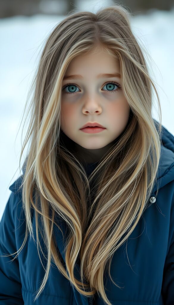 A young girl with long, thick, soft full open light-blonde hair and brown highlights is wearing a thick blue winter jacket. She has green eyes, white backdrop. She looks up to the viewer.