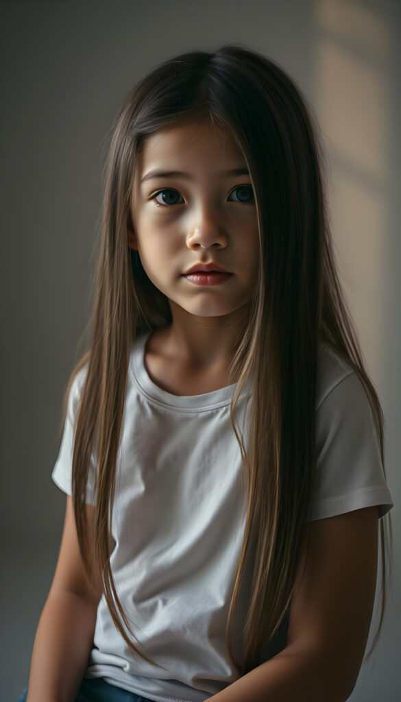 A young girl with long, straight, silky hair sits in a softly lit studio, her innocence radiating in her wide, curious eyes. She is dressed in a white thin T-Shirt. The background is a gradient of soft greys and muted tones, giving a timeless feel. Her posture is relaxed yet poised, her hands gently resting on her lap. The lighting is soft and warm, casting gentle shadows that enhance her delicate features. The atmosphere is serene and contemplative, with a hint of dreaminess.
