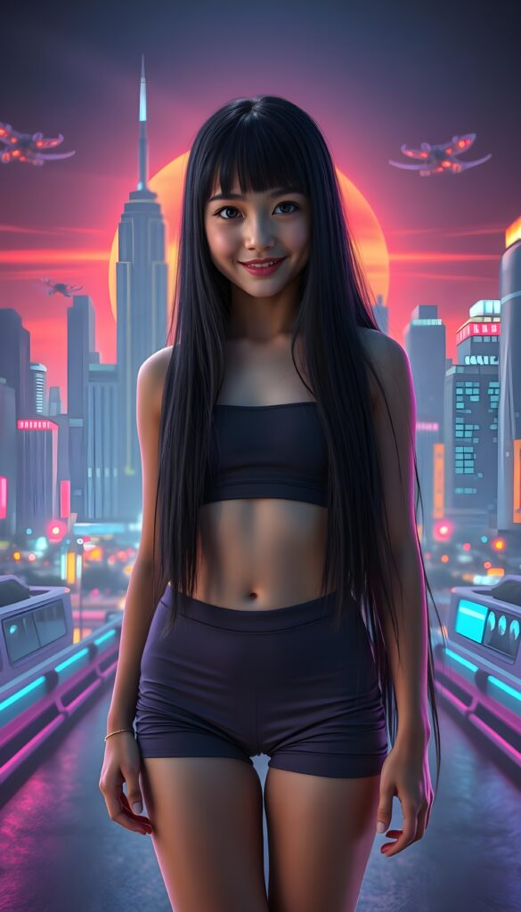 A young girl with long, straight hair cascading down her back, standing confidently in a futuristic, neon-lit cityscape. She wears a sleek, form-fitting crop top and high-waisted shorts, her posture exuding elegance and playfulness. Her eyes sparkle with determination, her smile radiant. The background features a vibrant, holographic skyline with towering skyscrapers and flying vehicles, illuminated by an array of colorful lights. The scene is dynamic, with a subtle glow emanating from the ground, adding a sense of motion and energy to the image. Front view.