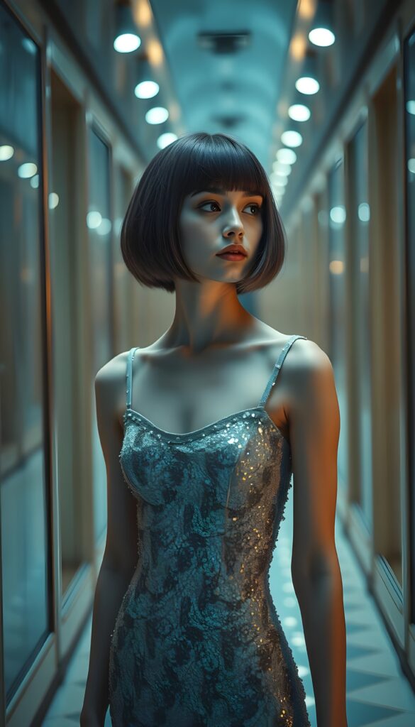 A young girl with a bob hairstyle, wearing a tight, glittering dress, stands in a hall of mirrors.
