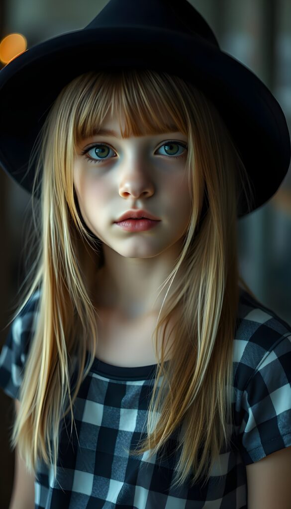 A young girl with straight golden blonde hair wears a black hat, her hair falling gently over her upper body. She has dark, round, large eyes and a pouty mouth. She wears a checkered T-shirt that accentuates her wonderful, feminine body.