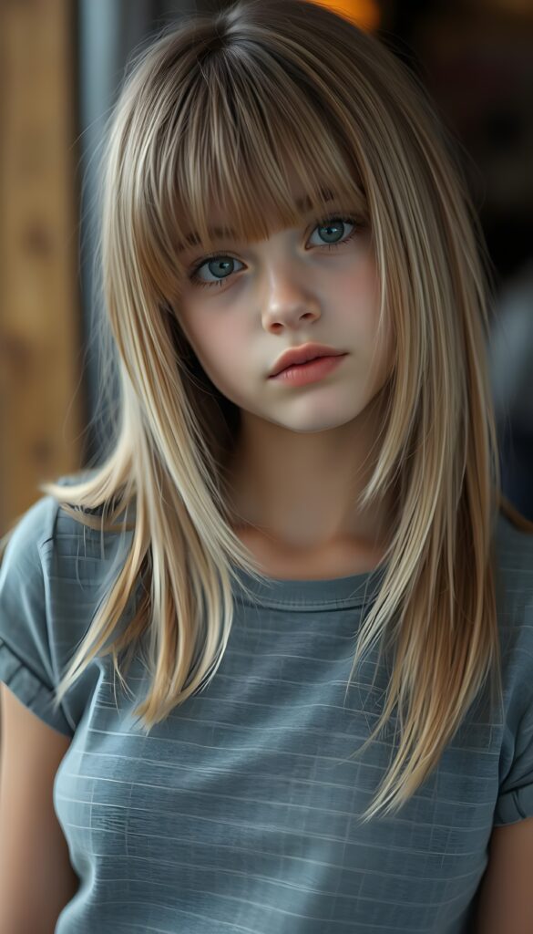 A young girl with straight golden blonde hair and light brown highlights, her hair falling gently over her upper body, bangs cut frame her round face. She tilts her head slightly. She has dark, round, large eyes and a pouty mouth. She wears a grey checkered T-shirt that accentuates her wonderful, feminine body. She has a round face, beautiful full lips, her mouth slightly open, and white teeth.