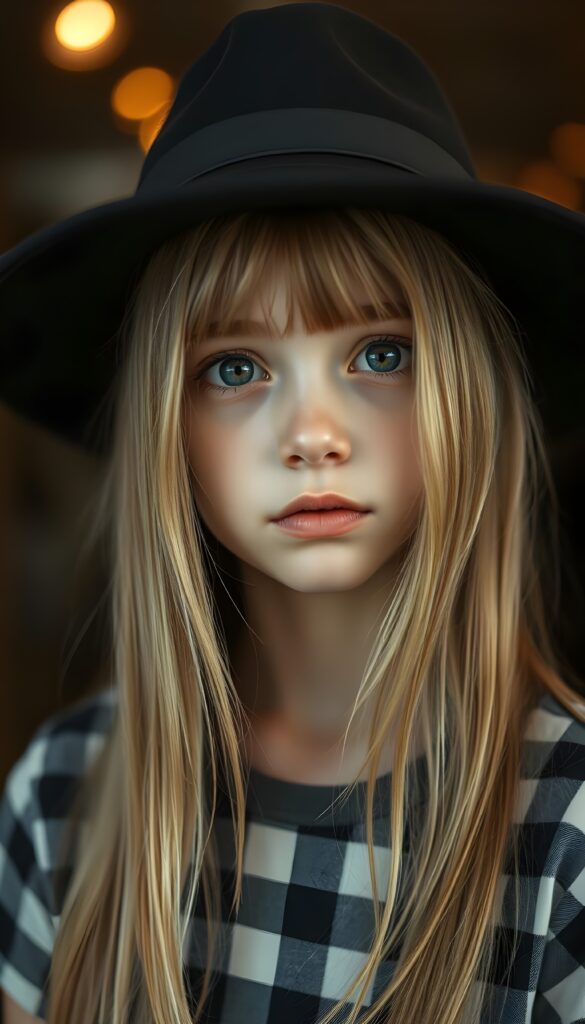 A young girl with straight golden blonde hair wears a black hat, her hair falling gently over her upper body. She has dark, round, large eyes and a pouty mouth. She wears a checkered T-shirt that accentuates her wonderful, feminine body.