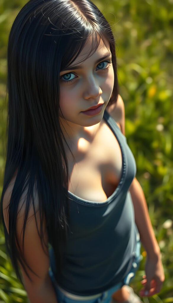 A young girl with long, straight, dark blue obsidian hair stands in a sunlit meadow, her shiny dark blue eyes sparkling under the bright sun. She wears a tight, form-fitting short tank top with a deep v-neck, revealing a bit of her chest. The scene is viewed from above, showcasing her full body and the vibrant green grass beneath her feet. The lighting casts gentle shadows, creating a serene and cheerful atmosphere.