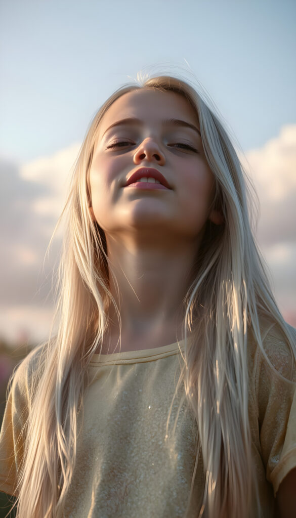 A young girl with long, flowing platinum blonde hair, her eyes closed in anticipation, a round face with full, kissable lips slightly parted, revealing her white teeth, stands against a soft gradient of light blue and lilac. Her head is tilted slightly upwards, wearing a delicate, shimmering gold t-shirt that sparkles under the warm, golden hour light filtering through the serene clouds above. The scene is dreamy, with soft, pastel-colored flowers gently swaying in the breeze around her, creating a romantic and whimsical atmosphere.
