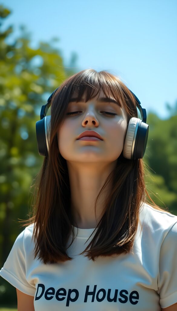 A young teen girl with soft, straight brown shoulder-long hair and blond highlights wears large wireless headphones and listens to music with her eyes closed. The sun shines on her flawless face. Green natural background in a park. Peaceful. She wears a white thin T-shirt with the words “Deep House” printed on it. Front view.