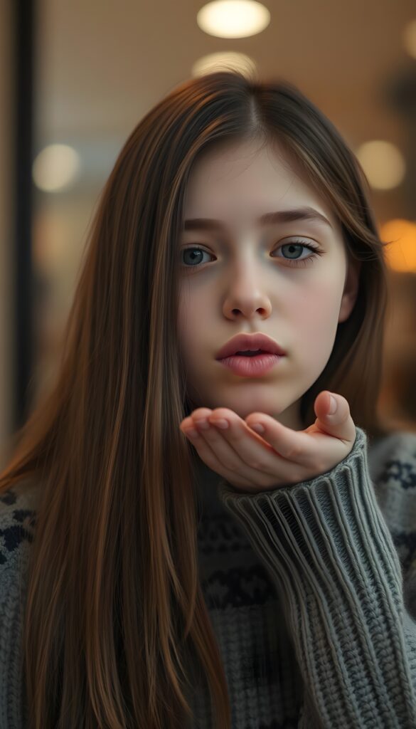 A young girl with long, straight hazelnut brown hair blows a kiss to the camera. Her lips are round. 35 mm. She wears a fine wool sweater.