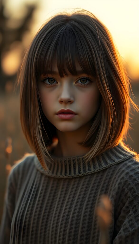 A young girl with chestnut-brown straight long hair and blond highlights in a perfect shoulder-length bob cut, bangs, warm tan skin stands in a twilight meadow, wearing a fine sweater made of wool. Her eyes are dark and gentle, and her expression is calm and loyal. The background features soft, glowing dust and blurred trees, creating a cozy, atmospheric setting. The image is rendered in a semi-realistic fantasy illustration style, with a focus on warm brown tones and a subtle, enchanting glow. Golden sunset.