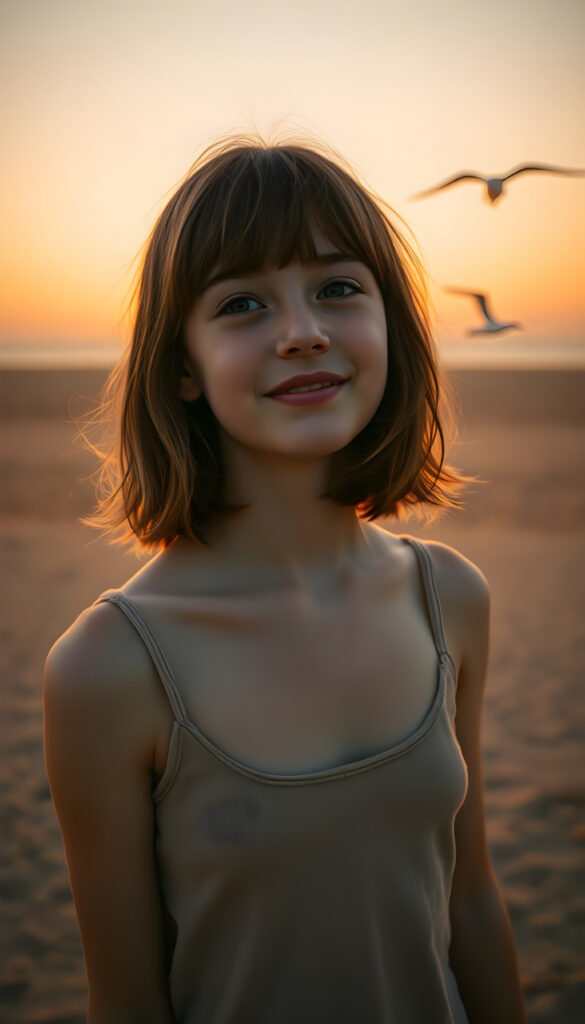 A young girl with soft, cooper red shoulder-length hair and gentle bangs, her face round and detailed, stands on a vast, deserted beach at sunrise. The sky is a blend of warm oranges and soft pinks, casting a golden glow over the calm sea. She wears a thin, fine-wool tank top, her eyes gazing at the horizon with a warm, serene smile. The perspective is from above, capturing her silhouette against the rising sun, with seagulls soaring in the distance. The composition is balanced, with the beach stretching out to meet the horizon, creating a sense of peace and solitude.