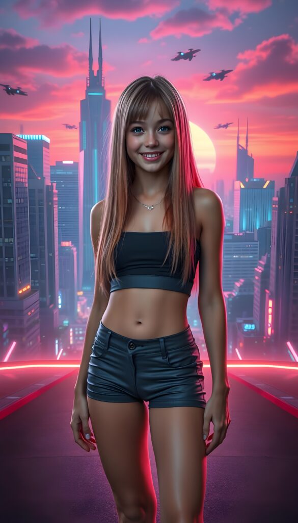 A young girl with long, straight hair cascading down her back, standing confidently in a futuristic, neon-lit cityscape. She wears a sleek, form-fitting crop top and high-waisted shorts, her posture exuding elegance and playfulness. Her eyes sparkle with determination, her smile radiant. The background features a vibrant, holographic skyline with towering skyscrapers and flying vehicles, illuminated by an array of colorful lights. The scene is dynamic, with a subtle glow emanating from the ground, adding a sense of motion and energy to the image. Front view.