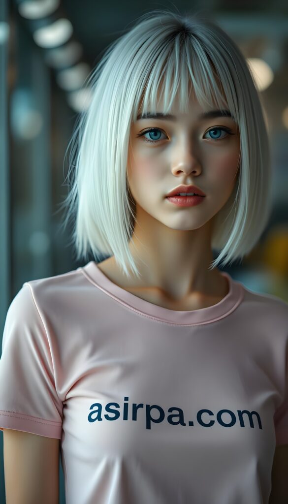 A young girl with shoulder long, straight white hair, bob cut, deep blue eyes, and full lips. She wears a tight, (light pink T-shirt with the inscription ""asirpa.com""), the T-shirt accentuates her perfect, feminine figure.