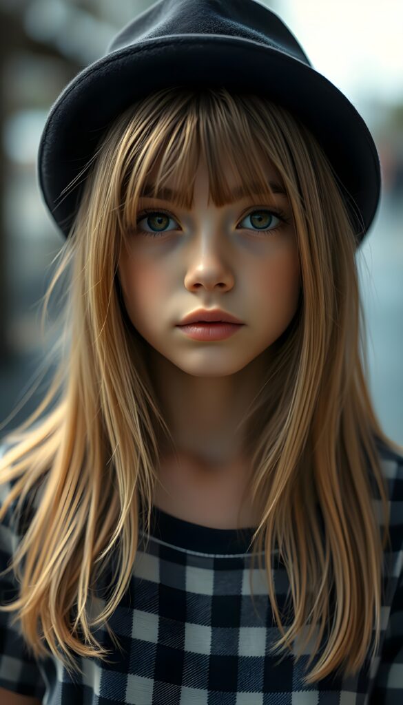 A young girl with straight golden blonde hair wears a black hat, her hair falling gently over her upper body. She has dark, round, large eyes and a pouty mouth. She wears a checkered T-shirt that accentuates her wonderful, feminine body.