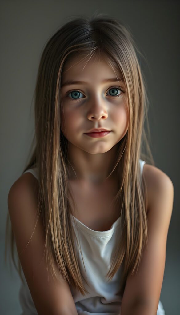 A young girl with long, straight, silky hair sits in a softly lit studio, her innocence radiating in her wide, curious blue shiny eyes. She is dressed in a white thin undershirt. The background is a gradient of soft greys and muted tones, giving a timeless feel. Her posture is relaxed yet poised, her hands gently resting on her lap. The lighting is soft and warm, casting gentle shadows that enhance her delicate features. The atmosphere is serene and contemplative, with a hint of dreaminess.