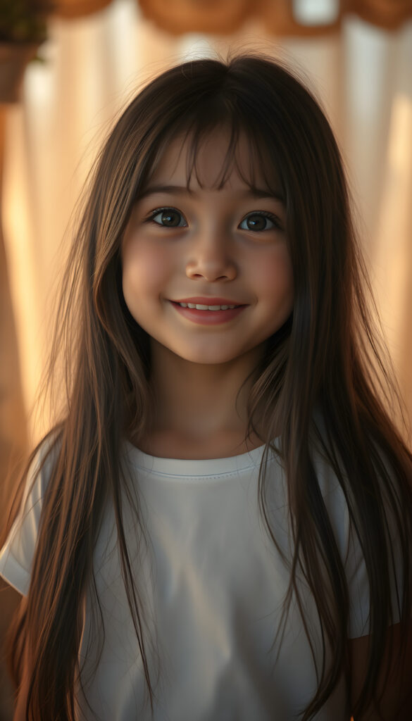 A young girl with long, soft black hair and bright, detailed eyes, wearing a crisp white t-shirt. Her skin has a pale, almost translucent quality, and she smiles playfully at the camera, the scene is bathed in warm, golden light, creating a whimsical and serene atmosphere.
