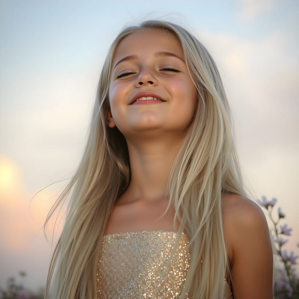 A young girl with long, flowing platinum blonde hair, her eyes closed in anticipation, a round face with full, kissable lips slightly parted, revealing her white teeth, stands against a soft gradient of light blue and lilac. Her head is tilted slightly upwards, wearing a delicate, shimmering gold dress that sparkles under the warm, golden hour light filtering through the serene clouds above. The scene is dreamy, with soft, pastel-colored flowers gently swaying in the breeze around her, creating a romantic and whimsical atmosphere.