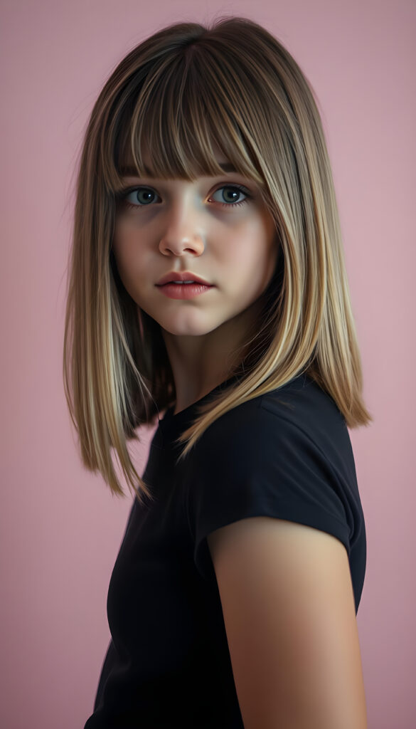 A young girl with striking, straight blonde hair with brown highlights framing her face, bob cut, her bangs styled in a perfect side part, exuding confidence with a curvy silhouette, poses confidently against a soft, pastel pink backdrop. She is dressed in a thin dark t-shirt, perfect female curved body, featuring a sleek black dress that contrasts beautifully with her hair and the background. The lighting is soft and ethereal, highlighting her features and adding a dreamy atmosphere to the scene.