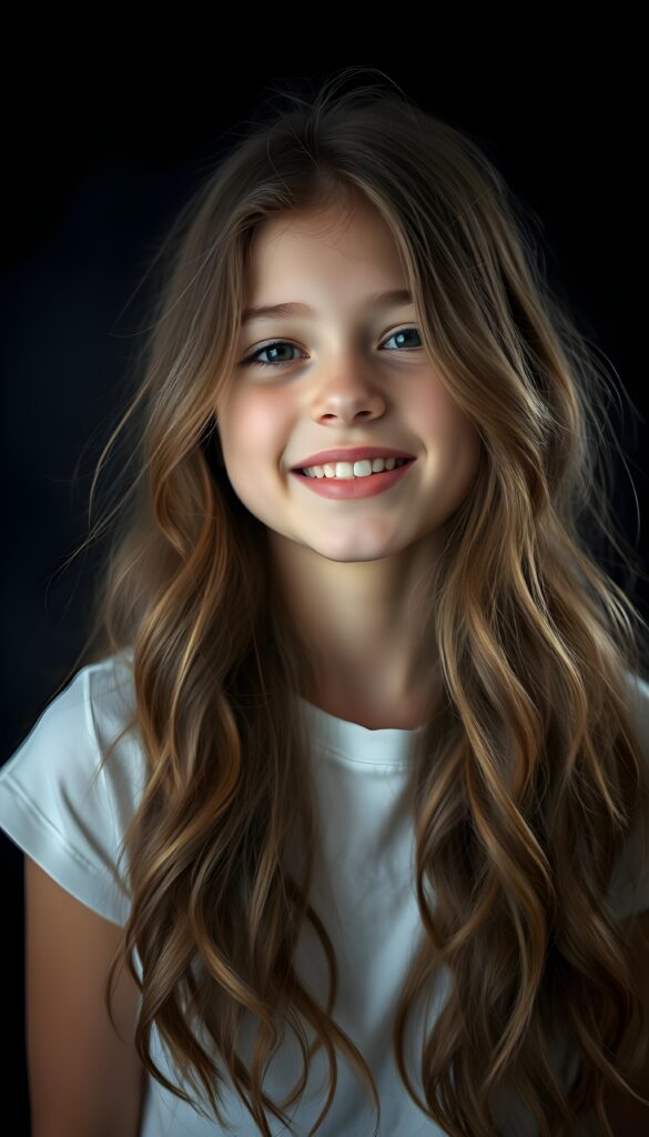 A young girl with long, wavy hazelnut brown hair. She is waiting for a kiss. Cute. White t-shirt. Full plump kissable lips, white teeth. Flawless skin. Black backdrop.